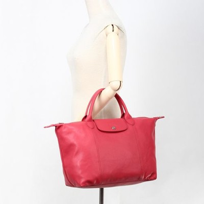 【真品保證】LONGCHAMP Le Pliage Cuir小羊皮手提短把中型水餃包(桃紅/深橘色) (8折)