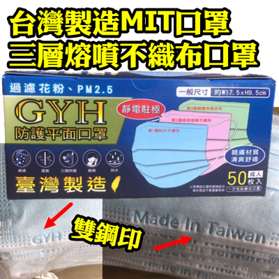 【99.9%】GYH 將元行 正MIT防護口罩 三層熔噴不織布口罩 台灣製造口罩 靜電熔噴布 (4.5折)