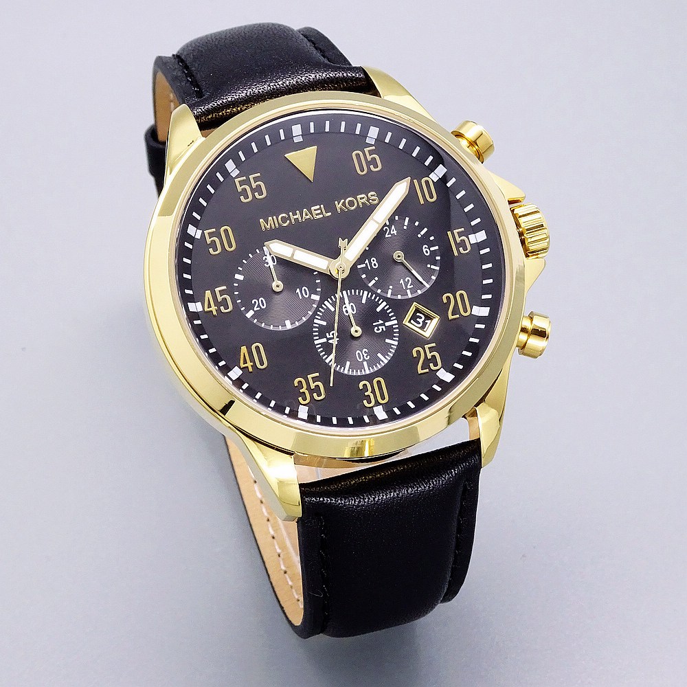 Michael Kors 城市遊俠美式風格計時皮革腕錶-黑金版-MK8618
