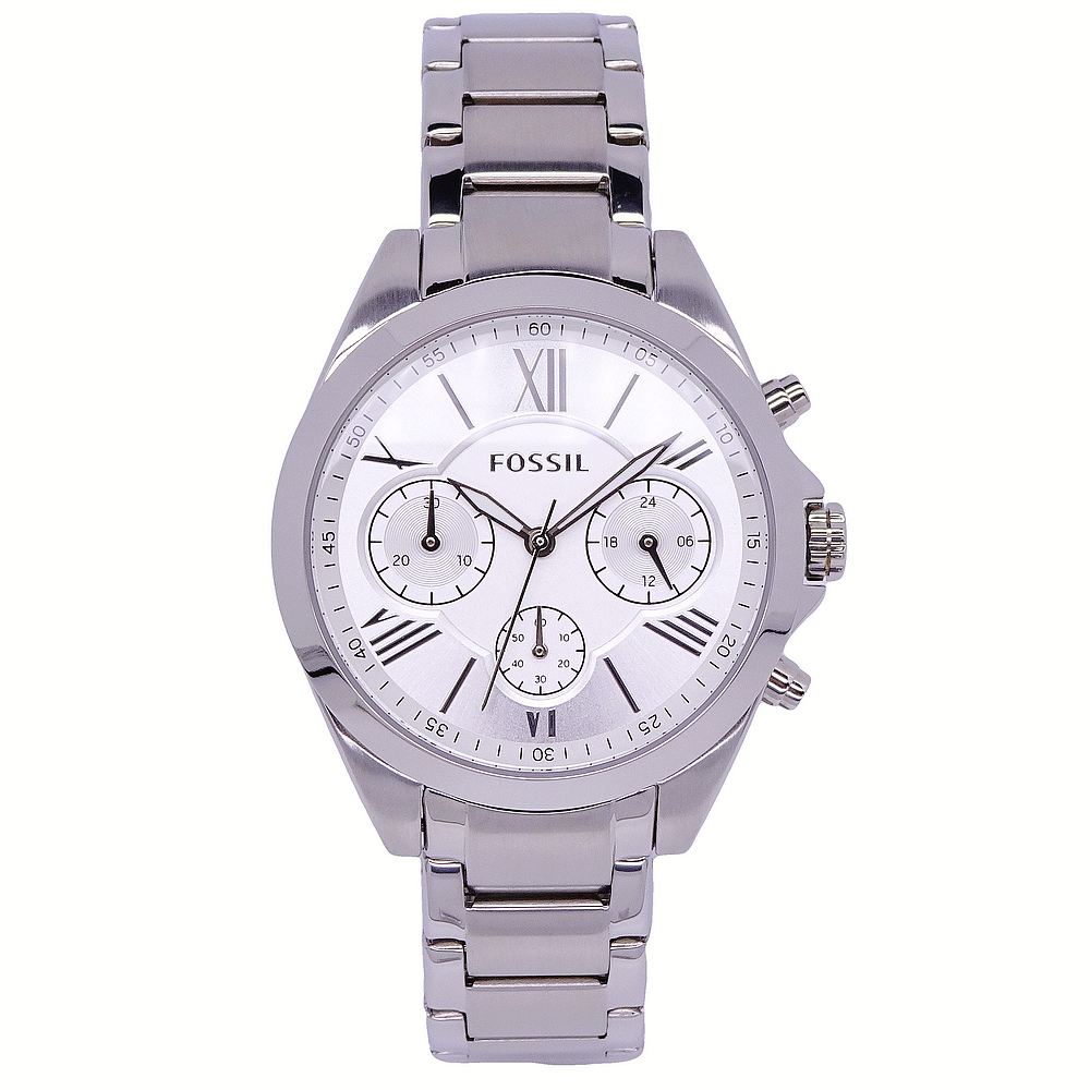 FOSSIL 美國最受歡迎頂尖潮流時尚三眼計時腕錶-銀-BQ3035