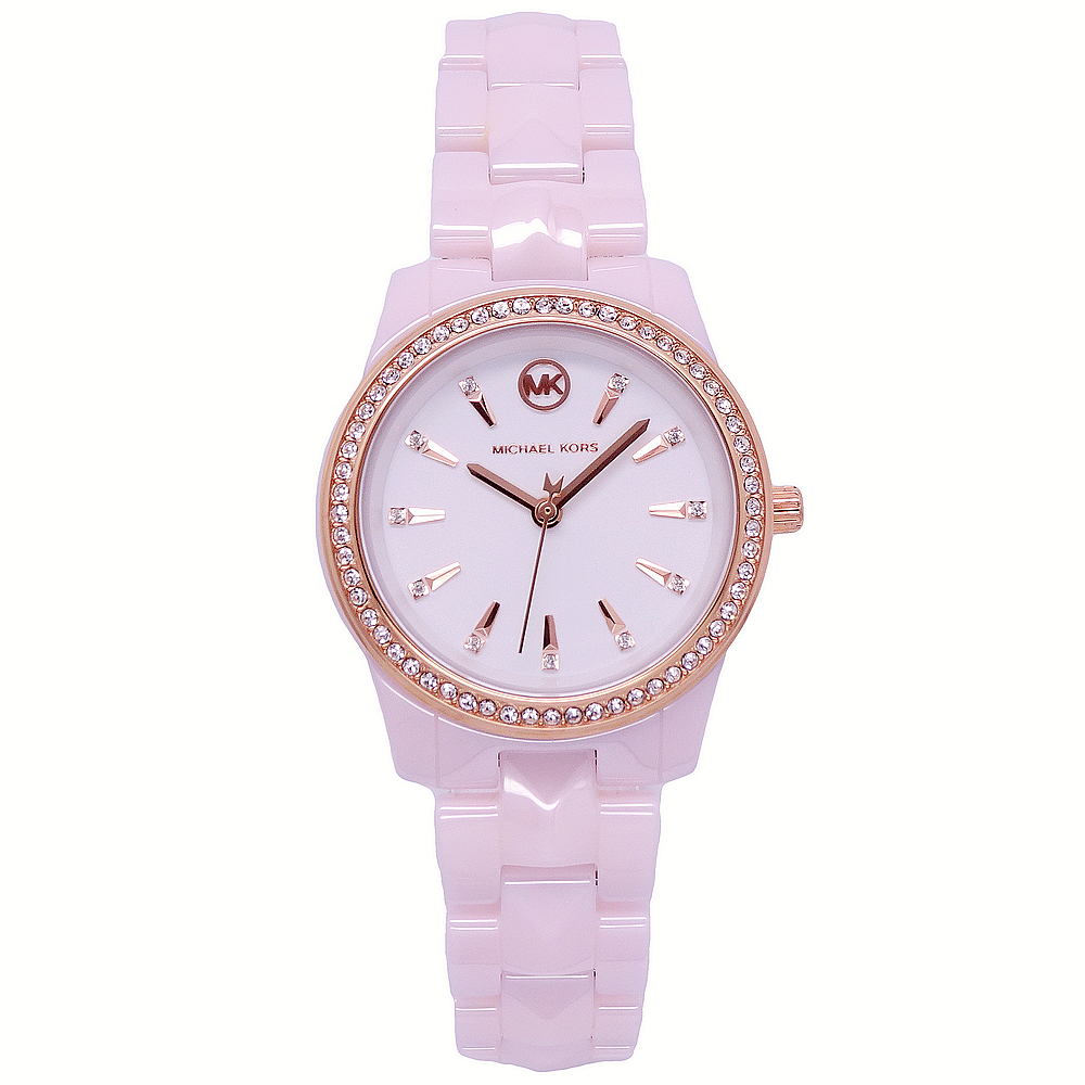 Michael Kors 優雅女伶晶鑽陶瓷時尚腕錶-粉紅+玫瑰金-MK6841