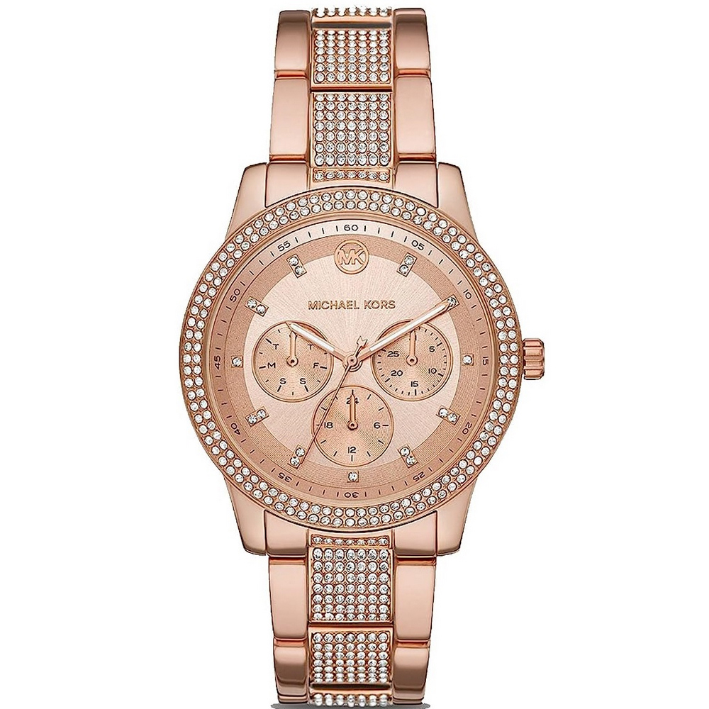 Michael Kors 全球巨星太閃耀晶鑽三眼優質腕錶-玫瑰金-MK6826
