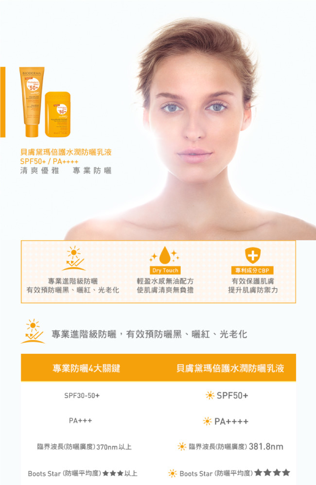 貝膚黛瑪倍護水潤防曬乳液，清爽優雅，專業防曬，專利成分CBP，專業進階級防曬，有效預防曬黑、曬紅、光老化，輕盈水感無油配方，使肌膚清爽無負擔，有效保護肌膚，提升肌膚防禦力，專業進階級防曬,有效預防曬黑、曬紅、光老化，專業防曬4大關鍵，貝膚黛瑪倍護水潤