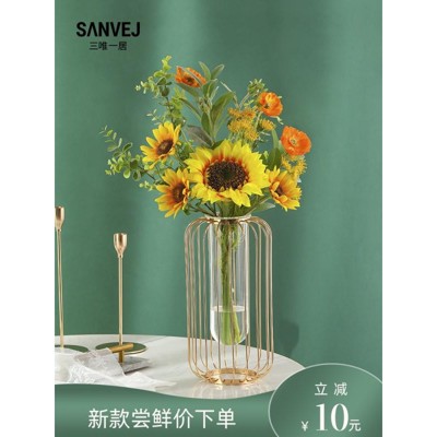 北歐現代ins風水培擺件金屬鐵藝玻璃插花花瓶輕奢客廳餐桌裝飾品 - 菱形款大號+佳期如夢 (6.7折)