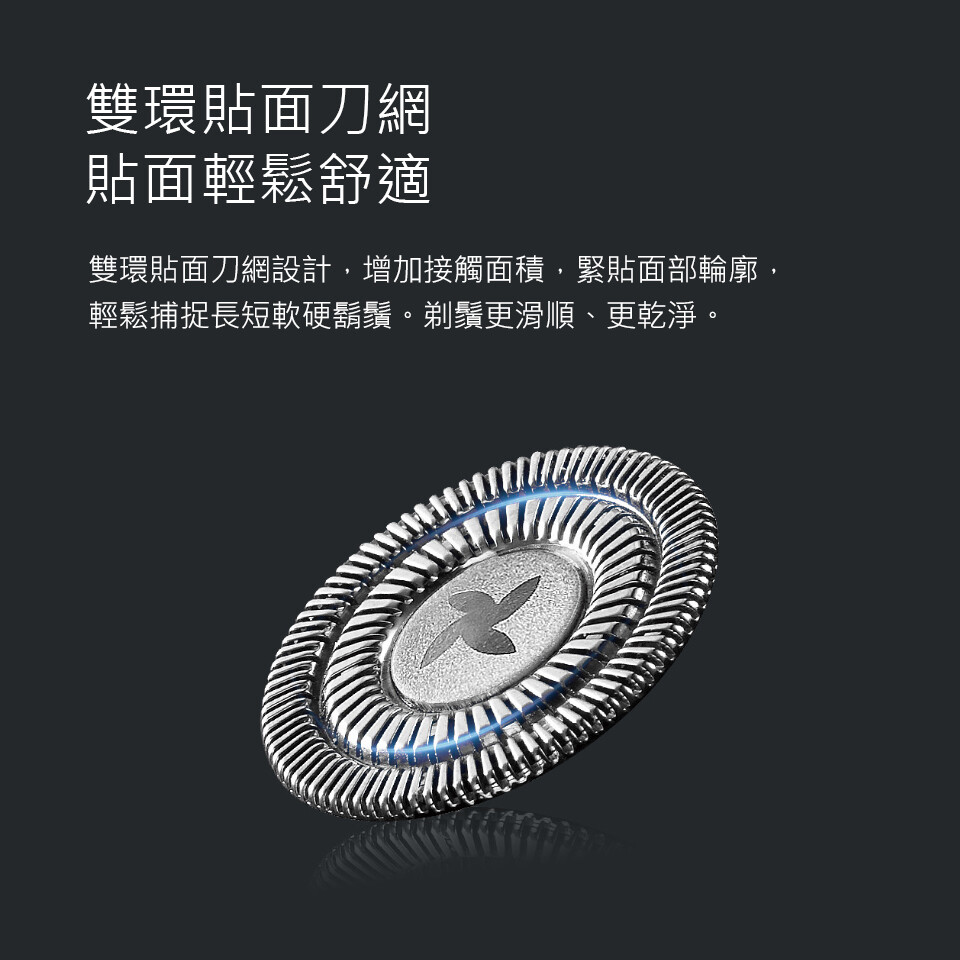 雙環貼面刀網，貼面輕鬆舒適，雙環貼面刀網設計,增加接觸面積,緊貼面部輪廓,輕鬆捕捉長短軟硬鬍鬚。剃鬚更滑順、 更乾淨。