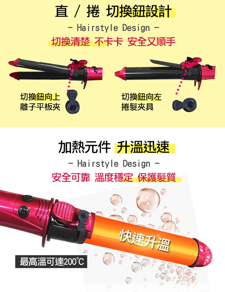 直/捲切換鈕設計，切換清楚 不卡卡 安全又順手，切換鈕向上，離子平板夾，切換鈕向左，捲髮夾具，加熱元件升溫迅速，安全可靠溫度穩定保護髮質，快速升溫，最高溫可達200℃。