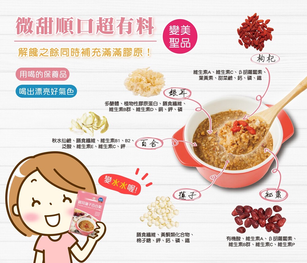 微甜順口超有料美,解饞之餘同時補充滿滿膠原!构杞),維生素A、維生素C、B胡蘿蔔素、葉黃素、甜菜鹼、鈣、磷、鐵,用喝的保養品,喝出漂亮好氣色,多醣體、植物性膠原蛋白、膳食纖維、維生素B群、維生素D、銅、鉀、磷,秋水仙鹼、膳食纖維、維生素B1、B2、泛