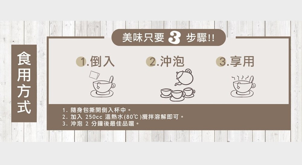 美味只要3 步驟!!0.倒入，2.沖泡，3.享用，1. 隨身包撕開倒入杯中。2. 加入250cc 溫熱水(80℃ )擾拌溶解即可。3. 沖泡2分鐘後最佳品嚐。食 用方式。