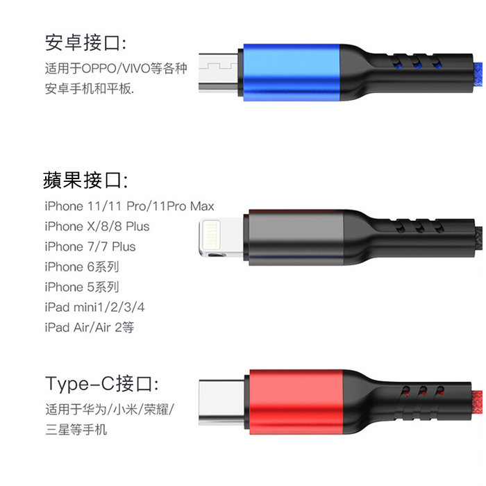 用維awei 三合一編織傳輸線-CL-971快速快充安卓typec/Micro/Iphone充電線