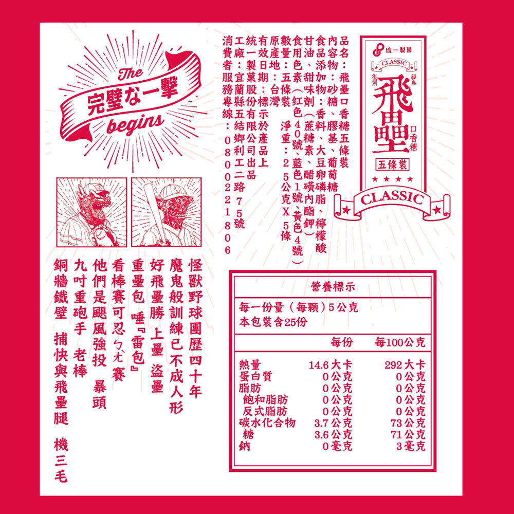 8练一製，完璧な一撃，營養標示，每一份量(每顆)5公克，本包裝含25份，每100公克，蛋白質，飽和脂肪，反式脂肪，碳水化合物，14.6 大卡，0公克，0公克，0公克，0公克，3.7公克，3.6 公克，0毫克，292大卡，0公克，0公克，0公克，0公克