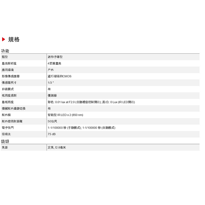 ACTi Z317迷你子彈型攝影機 400百萬畫素| 日間及夜間優越級 攝影機