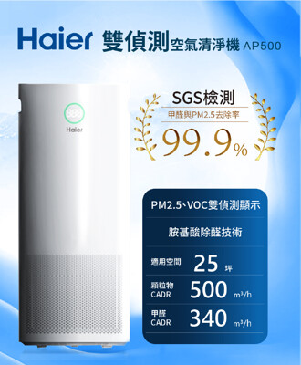 海爾 Haier 雙偵測醛效抗敏空氣清淨機 AP500 (單機內建濾網X1) (7.7折)