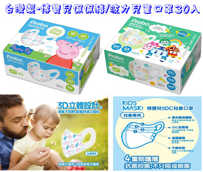 台灣製-正版Peppa Pig/波力POLI 3D兒童醫療防護-口罩30入 (copy) (6.9折)