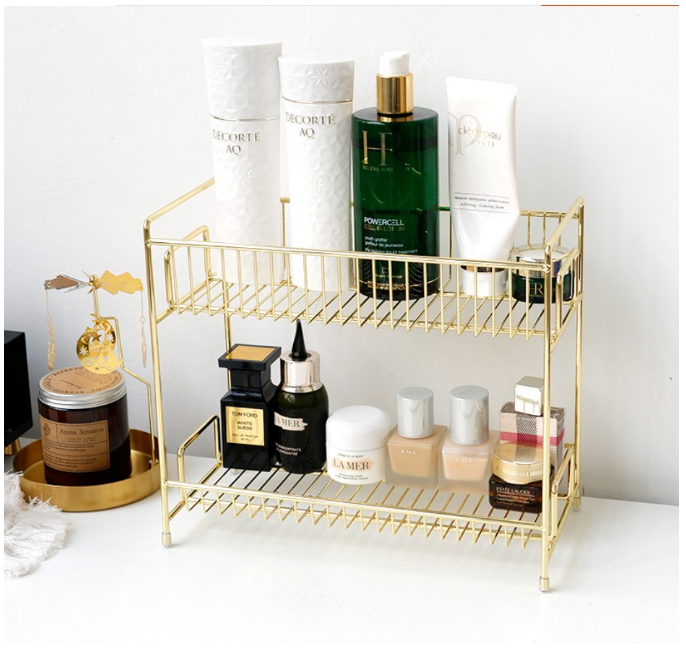 北歐金色浴室置物架雙層桌面護膚品化妝品收納架金屬洗漱台收納盒 生活市集