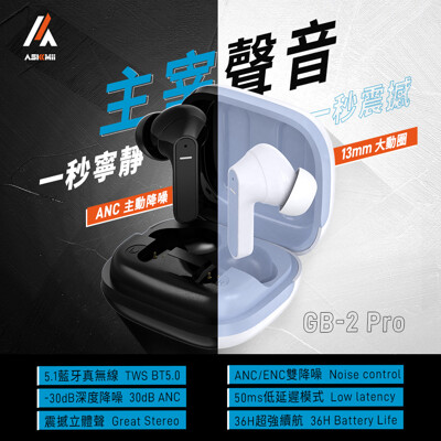 【ASKMii 艾司迷】GB-2 Pro ANC主動降噪真無線藍牙耳機 兩色可選 (7.4折)