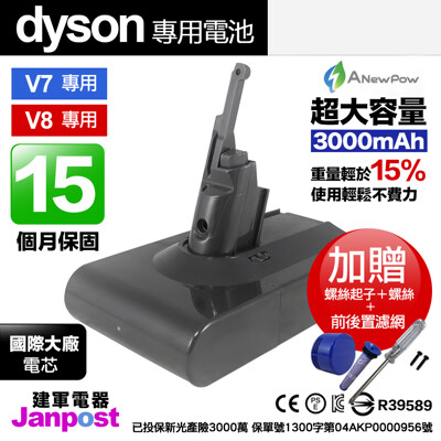 新銳動能 Dyson V8 V7 可用 大容量3000mAh 電池 40分鐘 建軍電器 贈前後濾網 (6.1折)