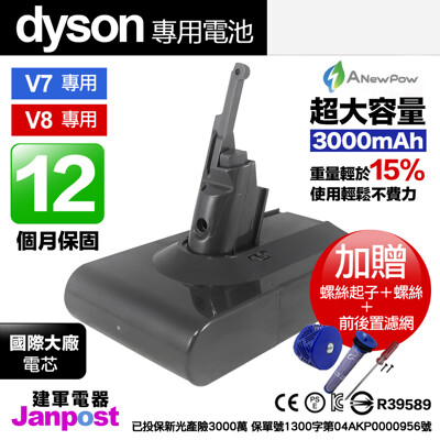 新銳動能 Dyson V8 V7 可用 大容量3000mAh 電池 40分鐘 建軍電器 贈前後濾網 (6.1折)