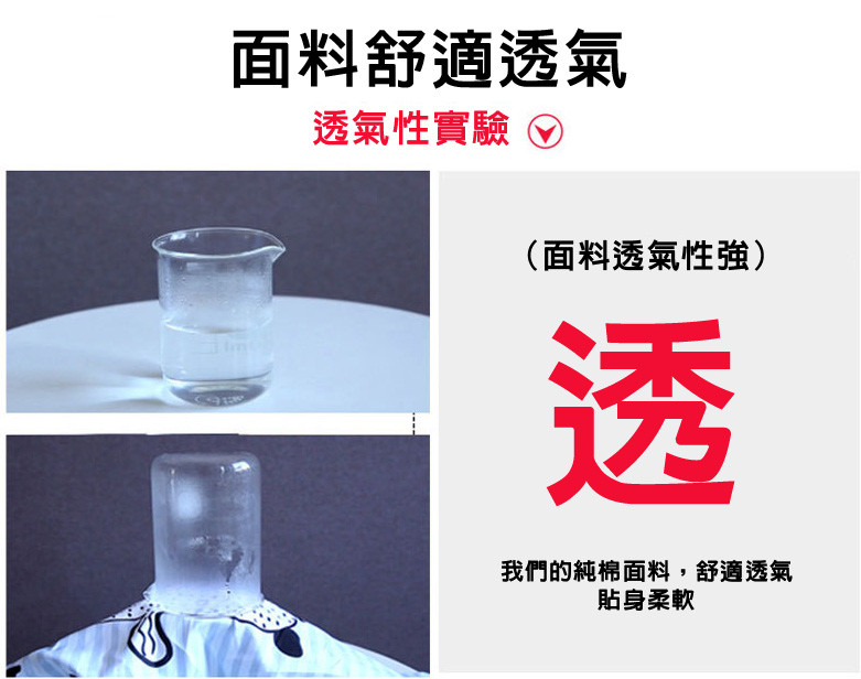 面料舒適透氣，透氣性實驗O，(面料透氣性強)，我們的純棉面料,舒適透氣，貼身柔軟。