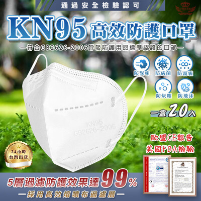 KN95 高效防護口罩 一盒20入 高效5層防護 熔噴布 立體剪裁 認證 阻隔粉塵 飛沫 (8.3折)