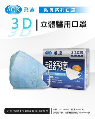 【AOK】3D新型醫用專利-可調式完全包覆立體口罩(50片/盒)-天空藍-大人(L) (8折)
